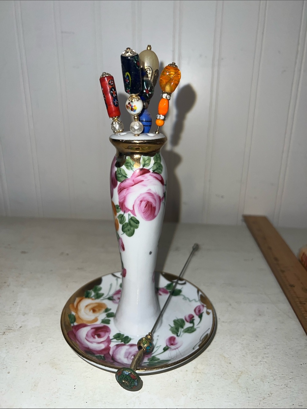 Antique Limoges Hat pin holder + hat pins